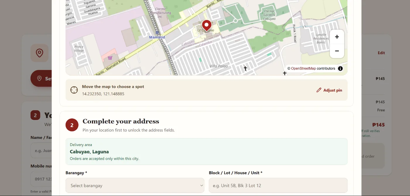 Delivery location step with a map pin, coordinates, and the address form
