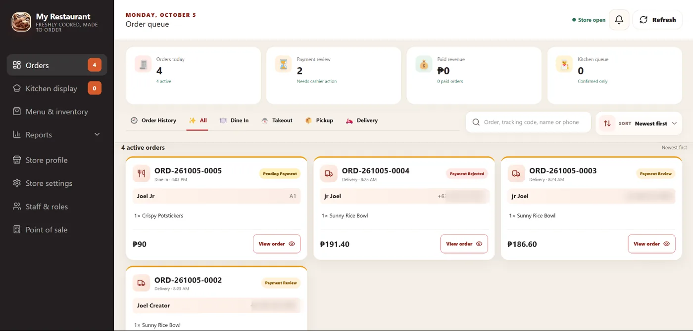 Order queue with today's orders, payment review count, and order cards by type
