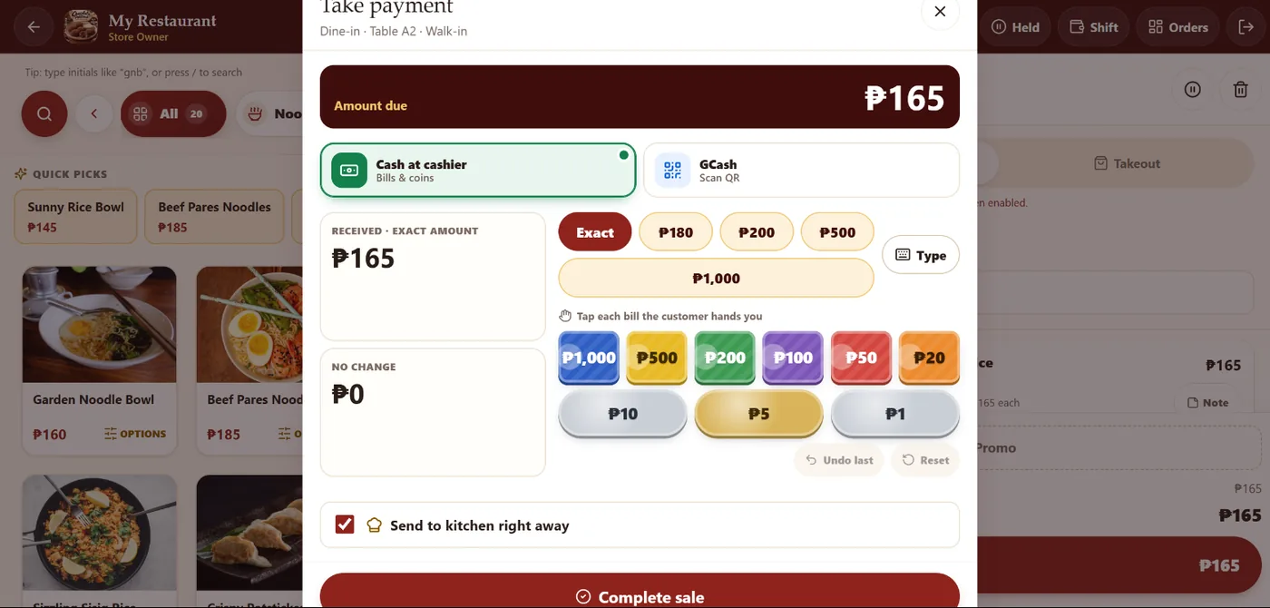 Take payment screen with amount due, cash or GCash, peso bill buttons, and change