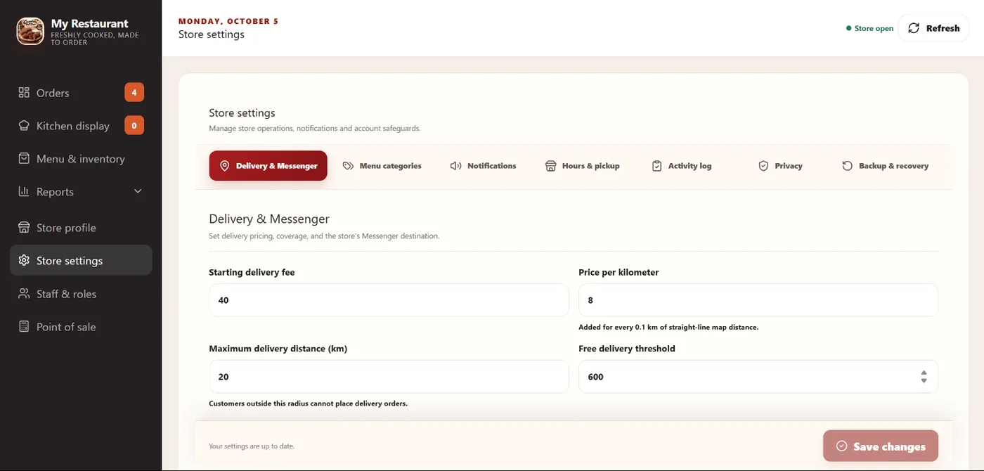 Store settings with starting delivery fee, price per kilometer, maximum distance, and free delivery threshold