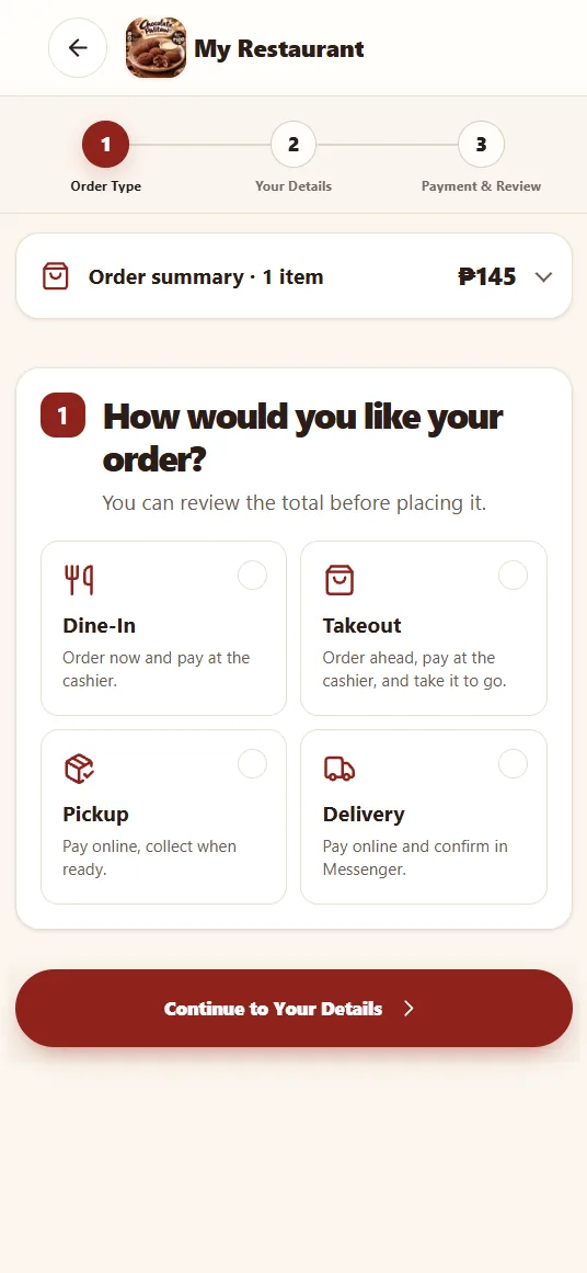 Checkout step 1 on a phone: choose Dine-In, Takeout, Pickup, or Delivery