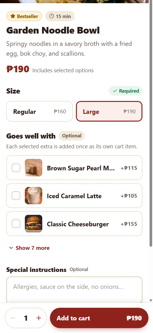 Product options on a phone: size Regular or Large, suggested add-ons, special instructions, Add to cart