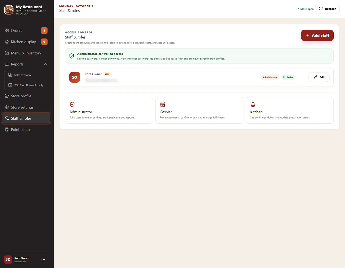 Staff and roles page with Administrator, Cashier, and Kitchen access levels